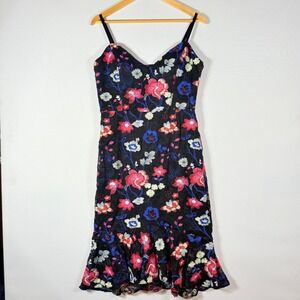 Guess Black Dress Floral Embroidered Lace Y2K Style Flounce Hem‎ Midi 14 Party